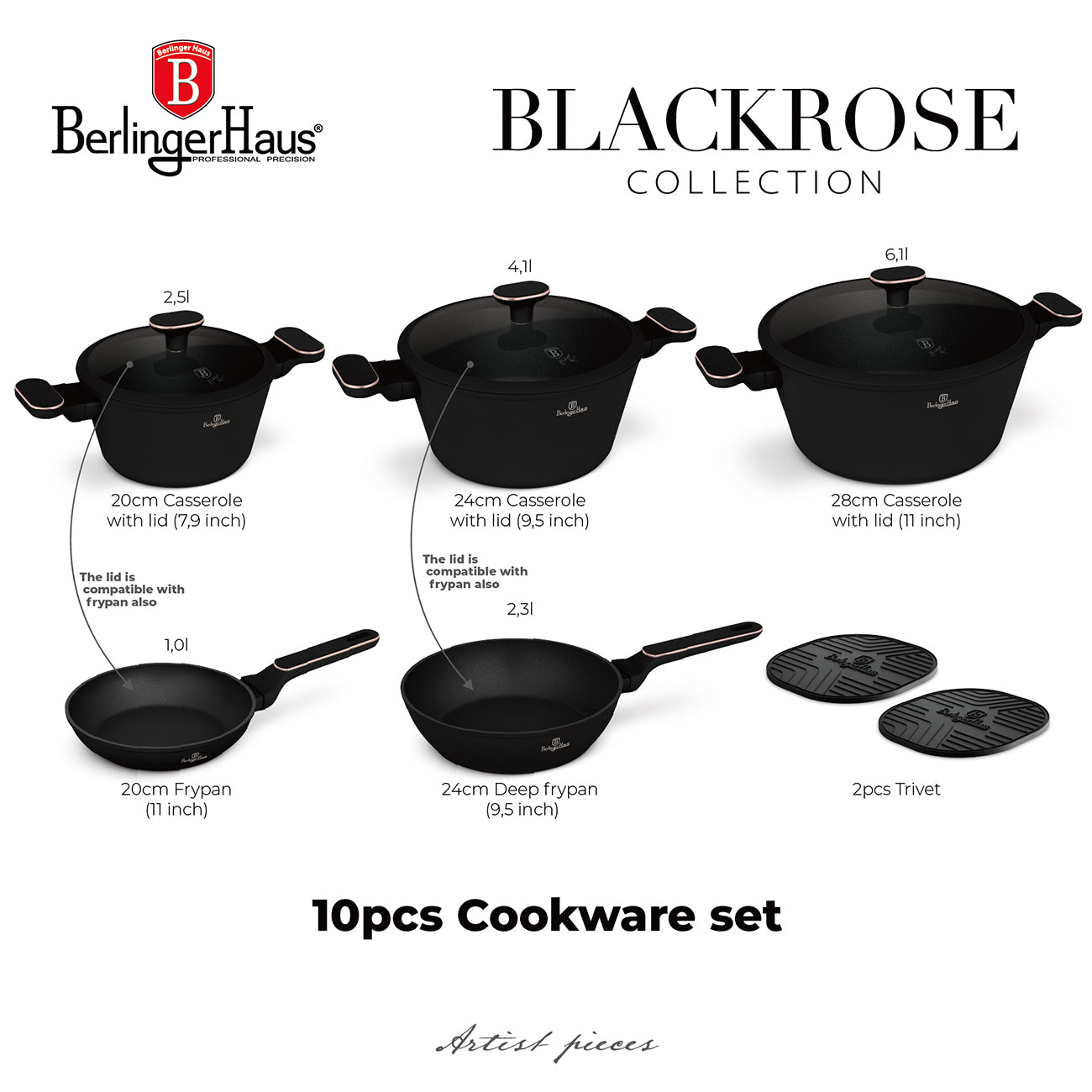 Berlinger Haus 10-Piece Titan Pro Non-Stick Coating Cookware Set - Black Rose