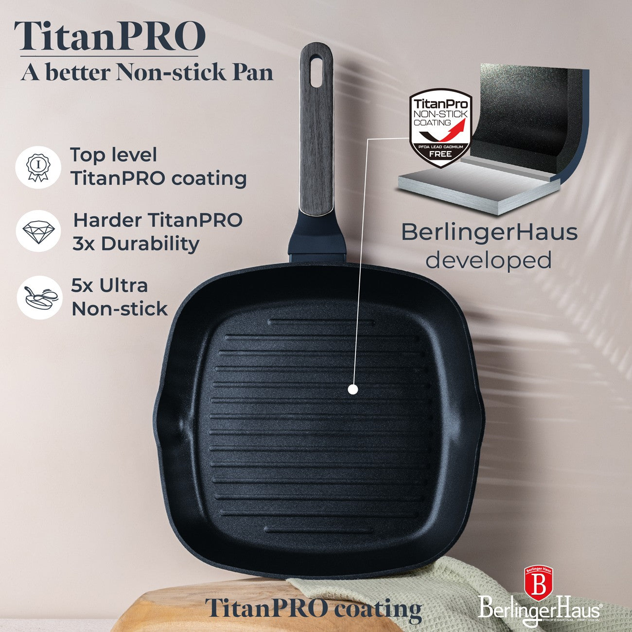 Berlinger Haus 28cm Titan Pro Non-Stick Grill Pan with Lid - Deep Sea