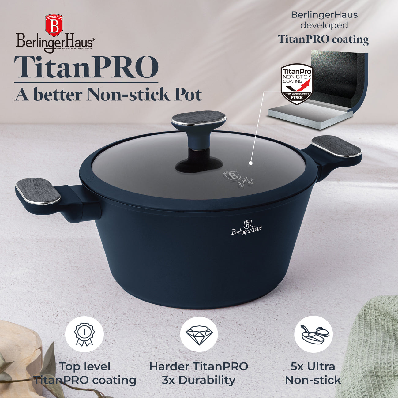 Berlinger Haus 10-Piece Titan Pro Non-Stick Coating Cookware set - Deep Sea