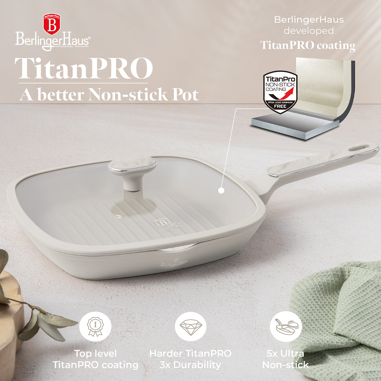 Berlinger Haus 28cm Titan Pro Non-Stick Coating Grill Pan with Lid - Sahara Marble