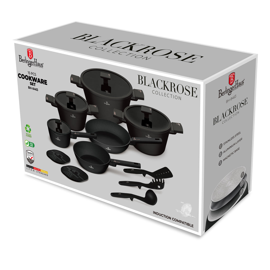Berlinger Haus 15-Piece Titan Pro Non-Stick Cookware Set - New Black Rose