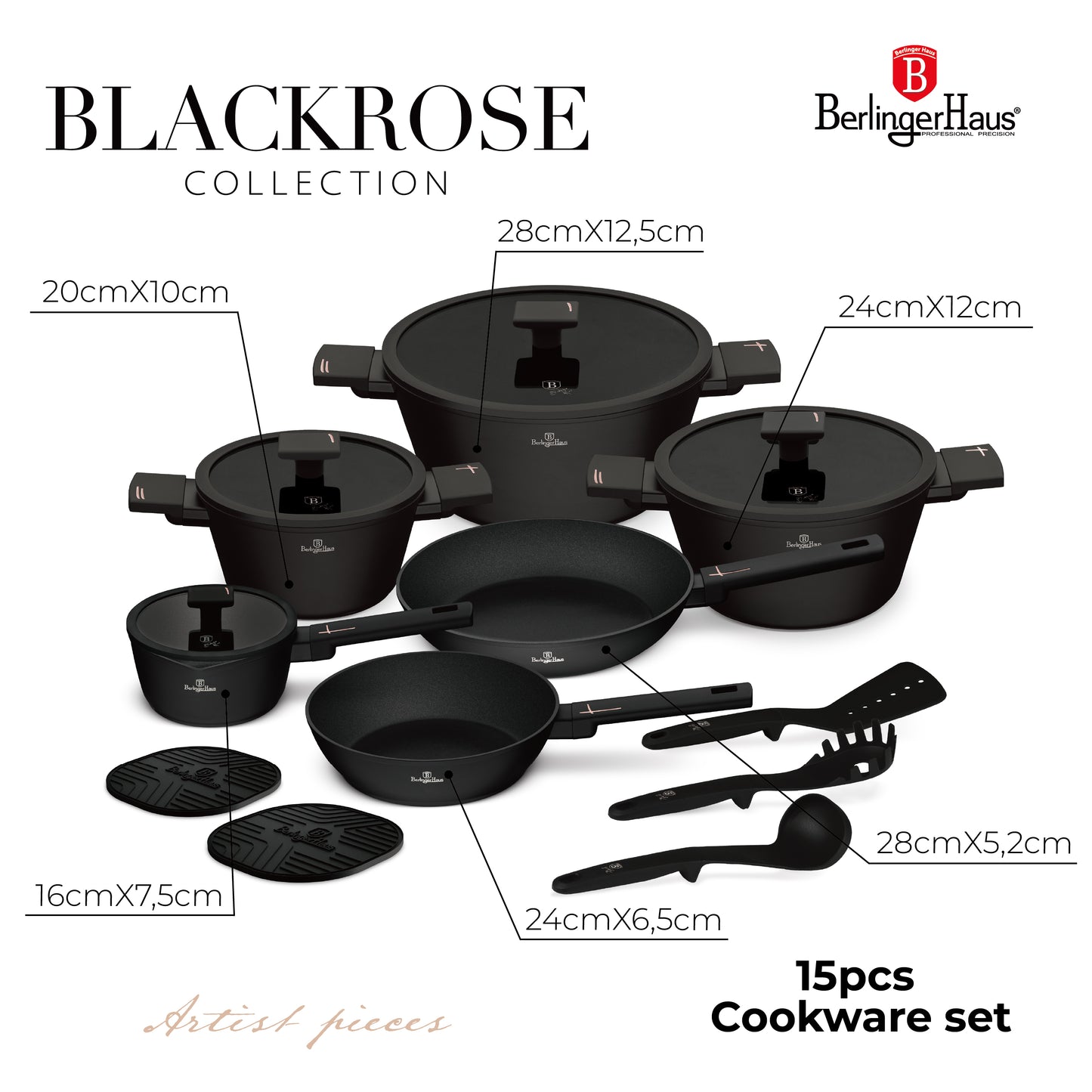 Berlinger Haus 15-Piece Titan Pro Non-Stick Cookware Set - New Black Rose