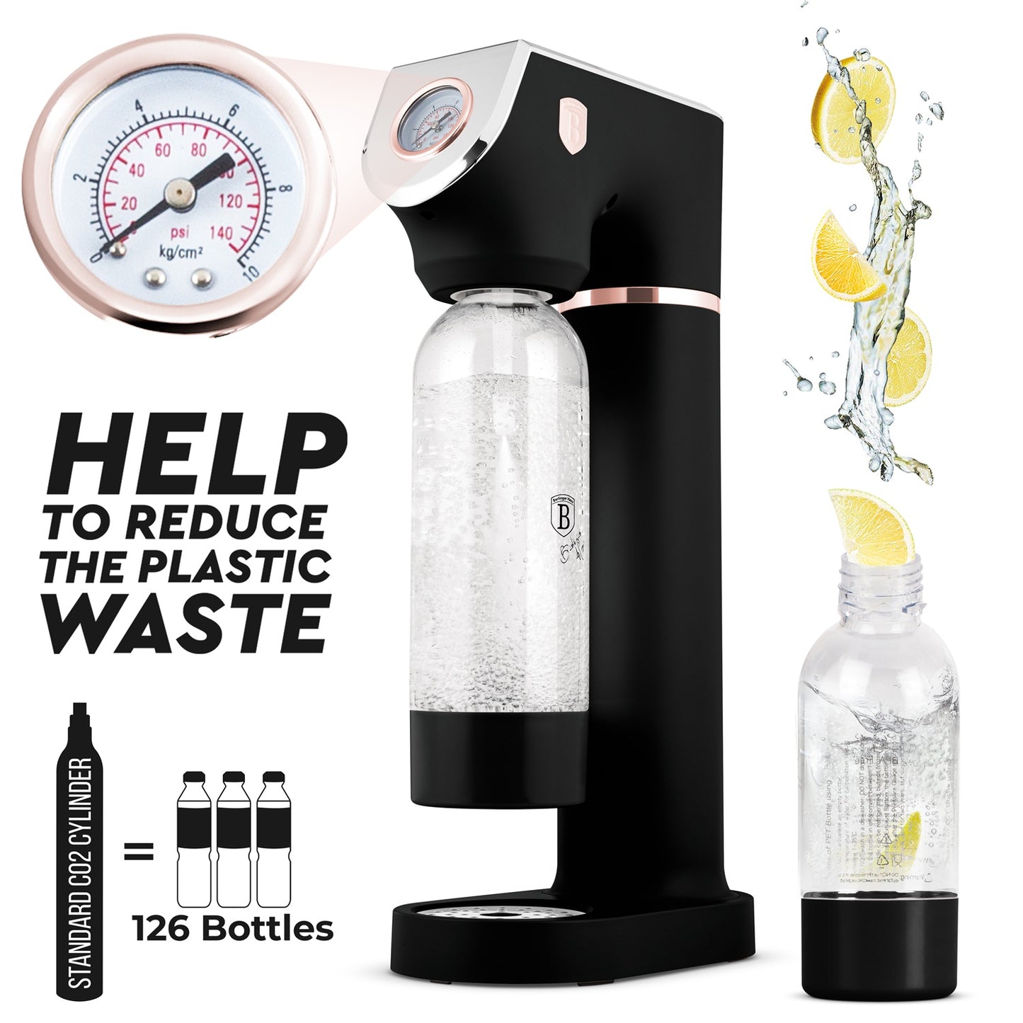 Berlinger Haus Soda Maker with 2 Bottles & Barometer - Black Rose