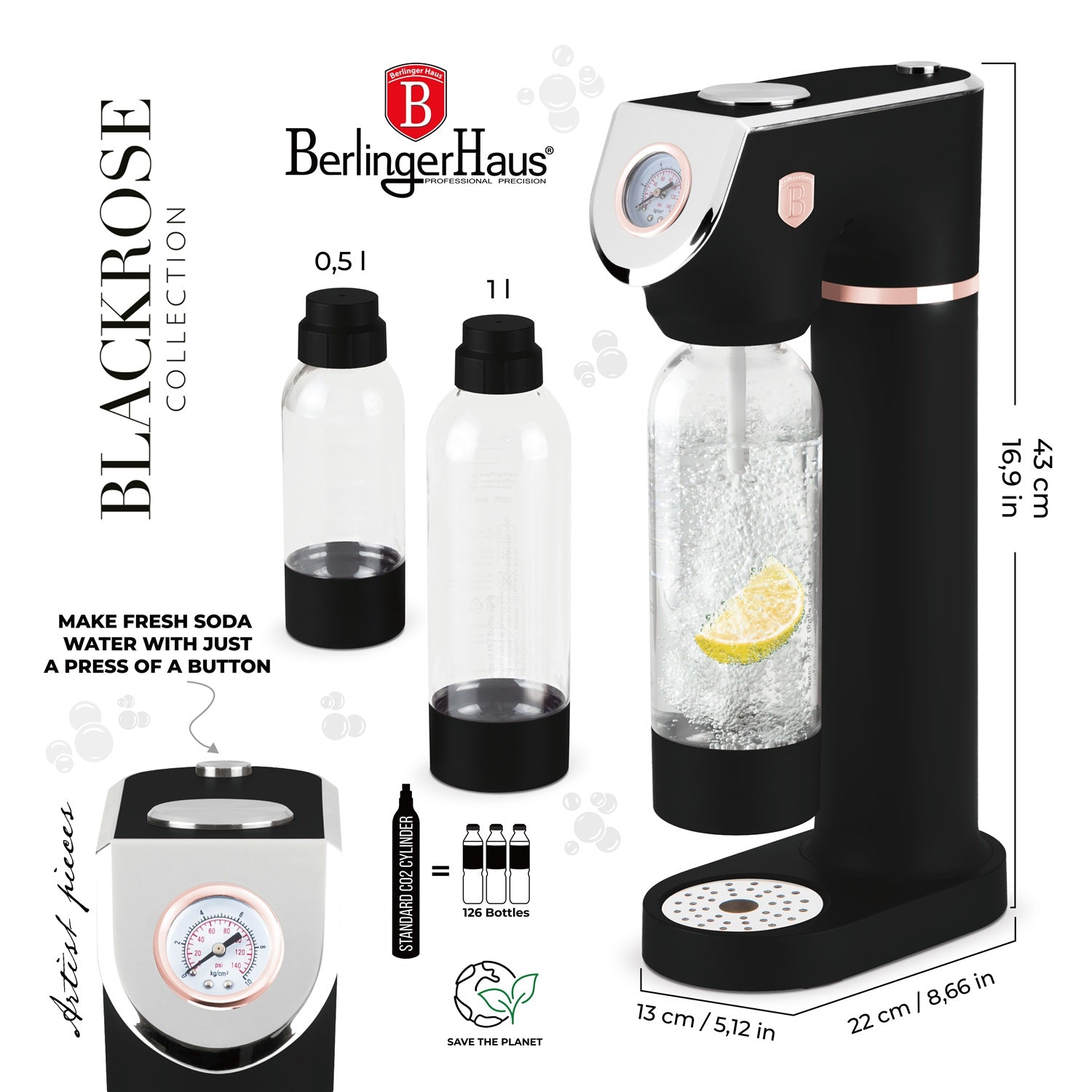 Berlinger Haus Soda Maker with 2 Bottles & Barometer - Black Rose