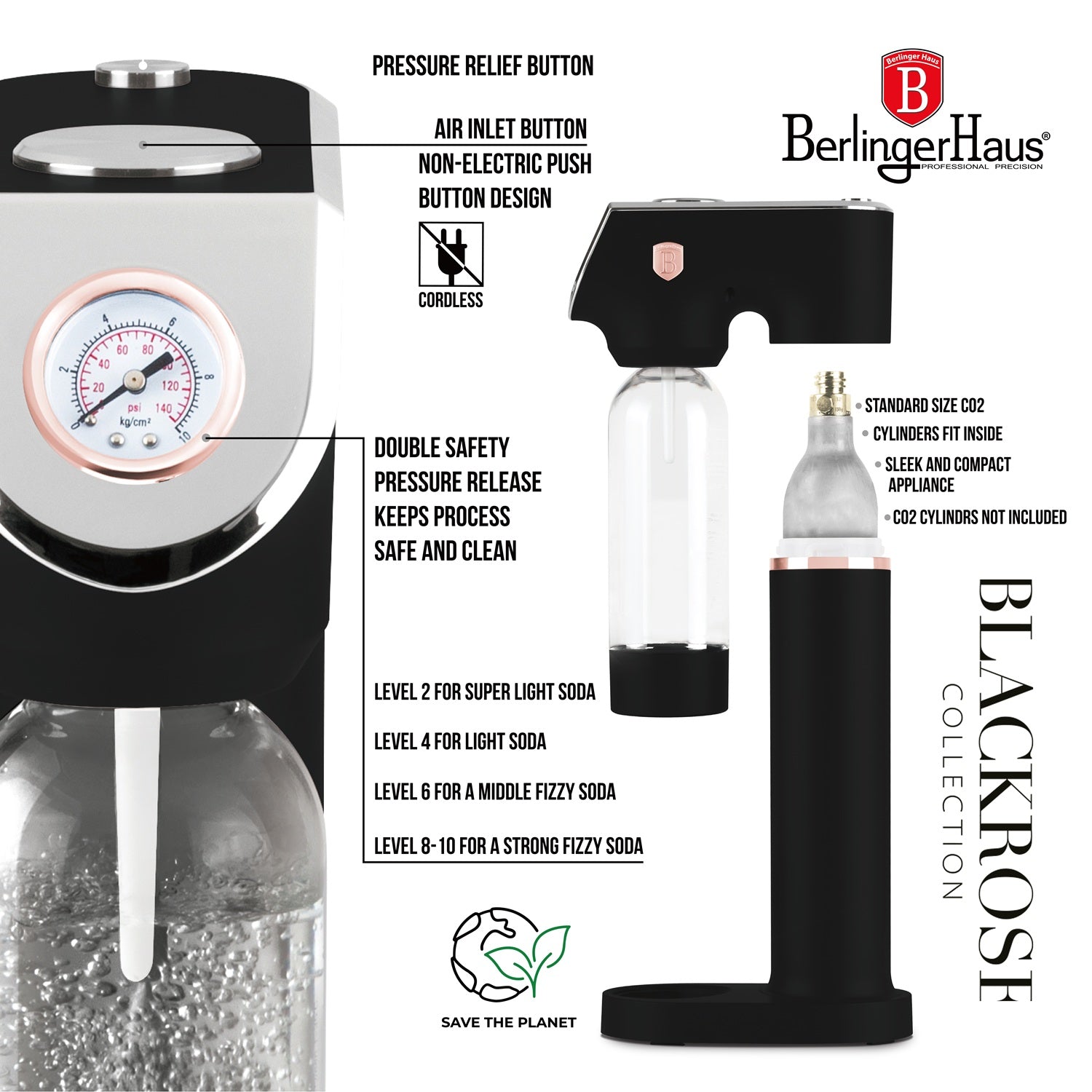 Berlinger Haus Soda Maker with 2 Bottles & Barometer - Black Rose