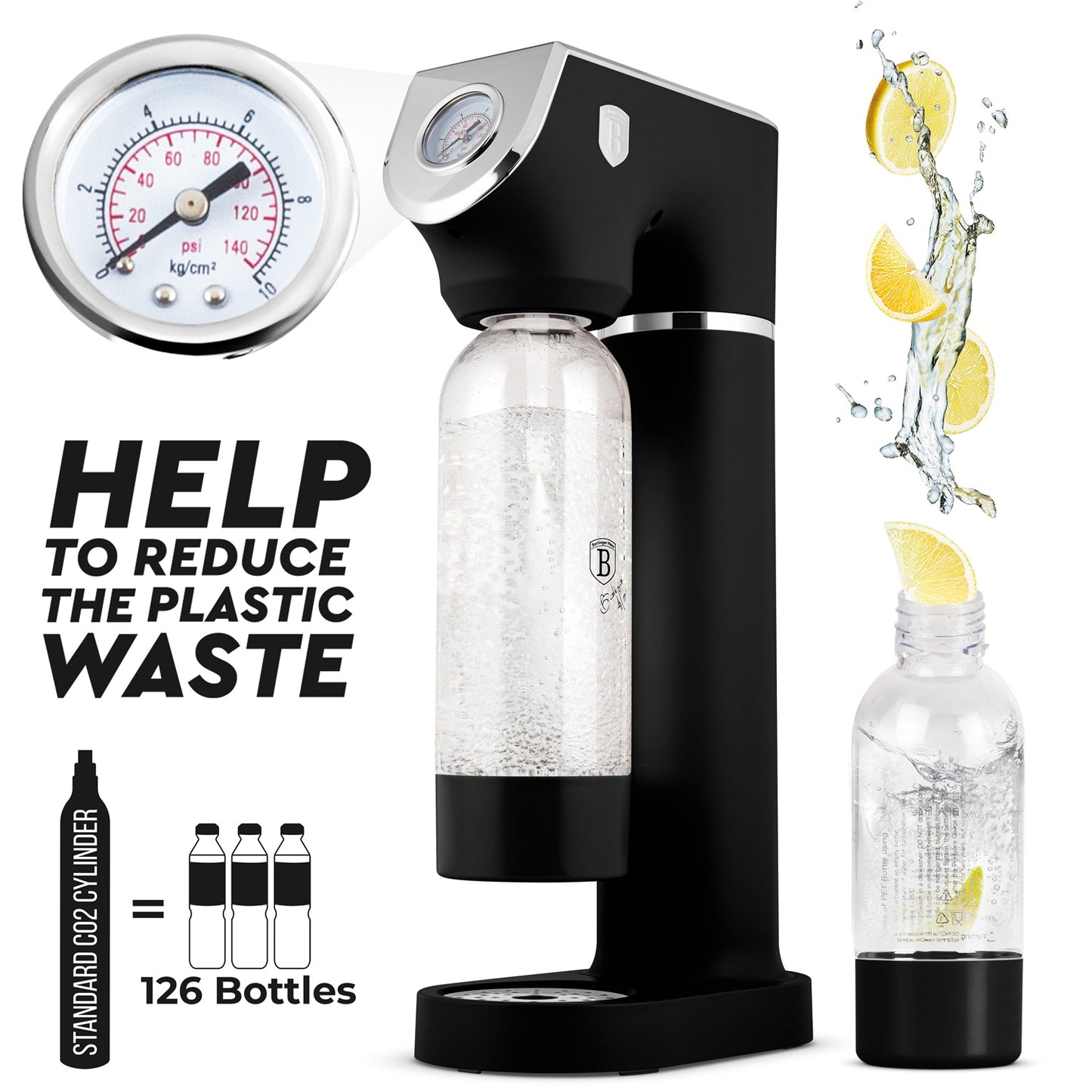 Berlinger Haus Soda Maker with 2 Bottles & Barometer - Matte Black