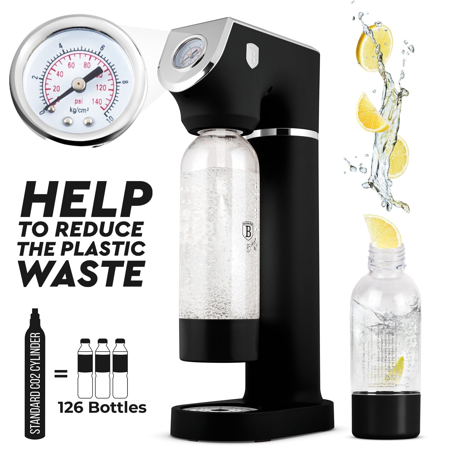 Berlinger Haus Soda Maker with 2 Bottles & Barometer - Matte Black