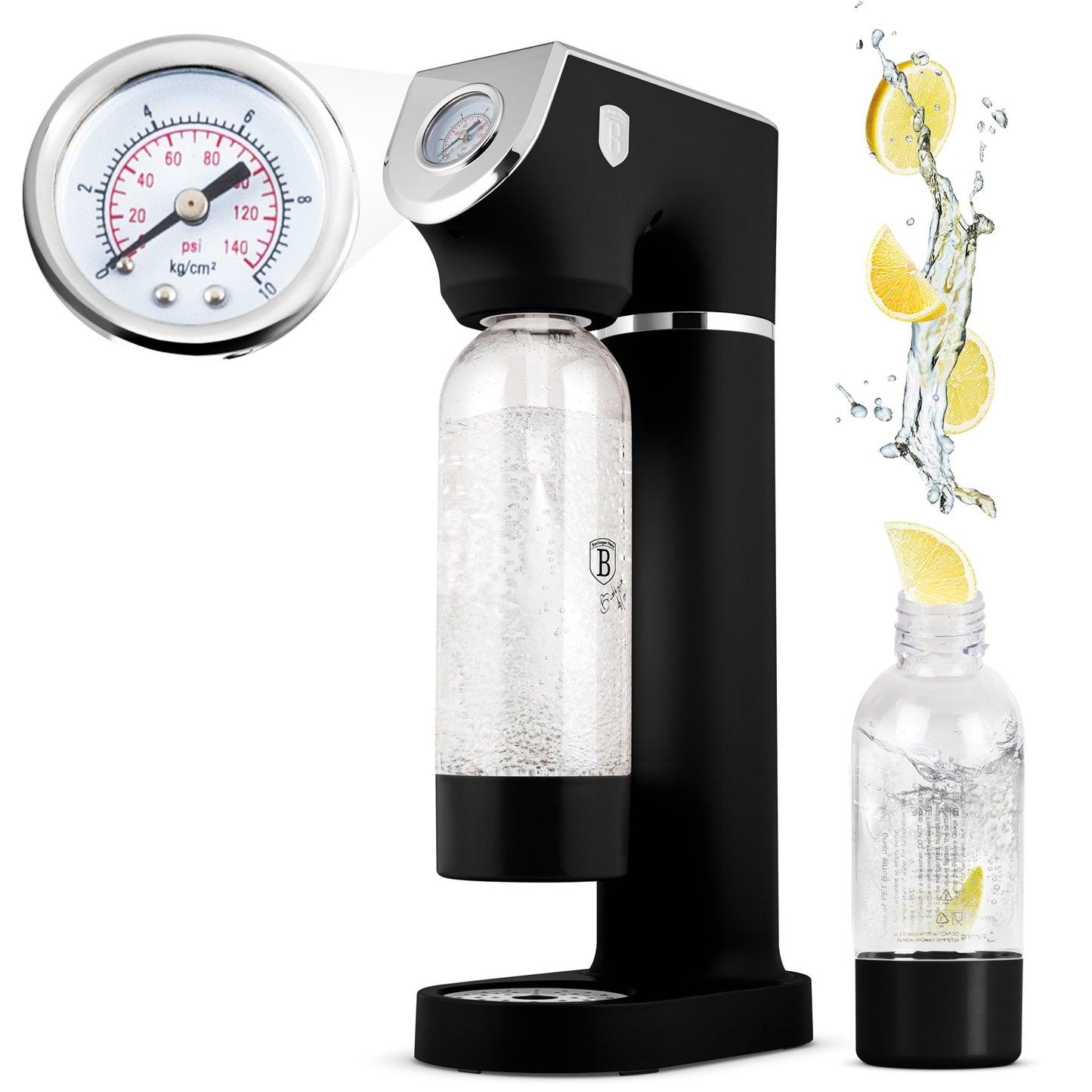 Berlinger Haus Soda Maker with 2 Bottles & Barometer - Matte Black