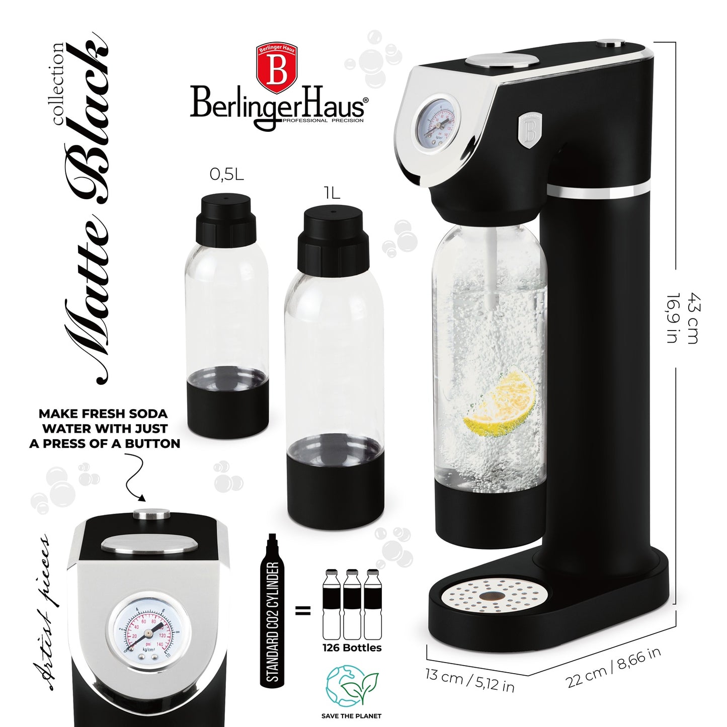 Berlinger Haus Soda Maker with 2 Bottles & Barometer - Matte Black