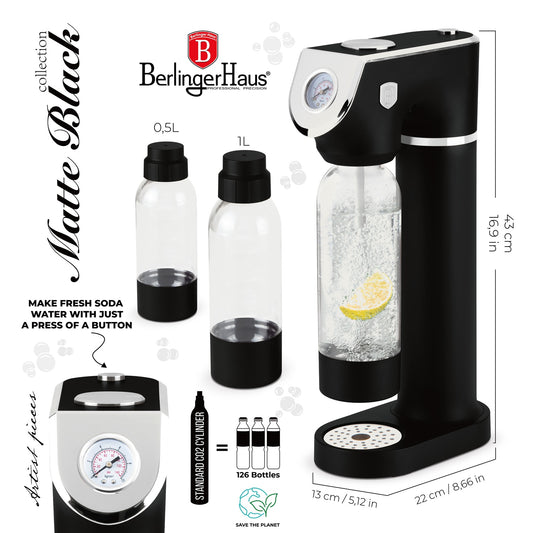 Berlinger Haus Soda Maker with 2 Bottles & Barometer - Matte Black
