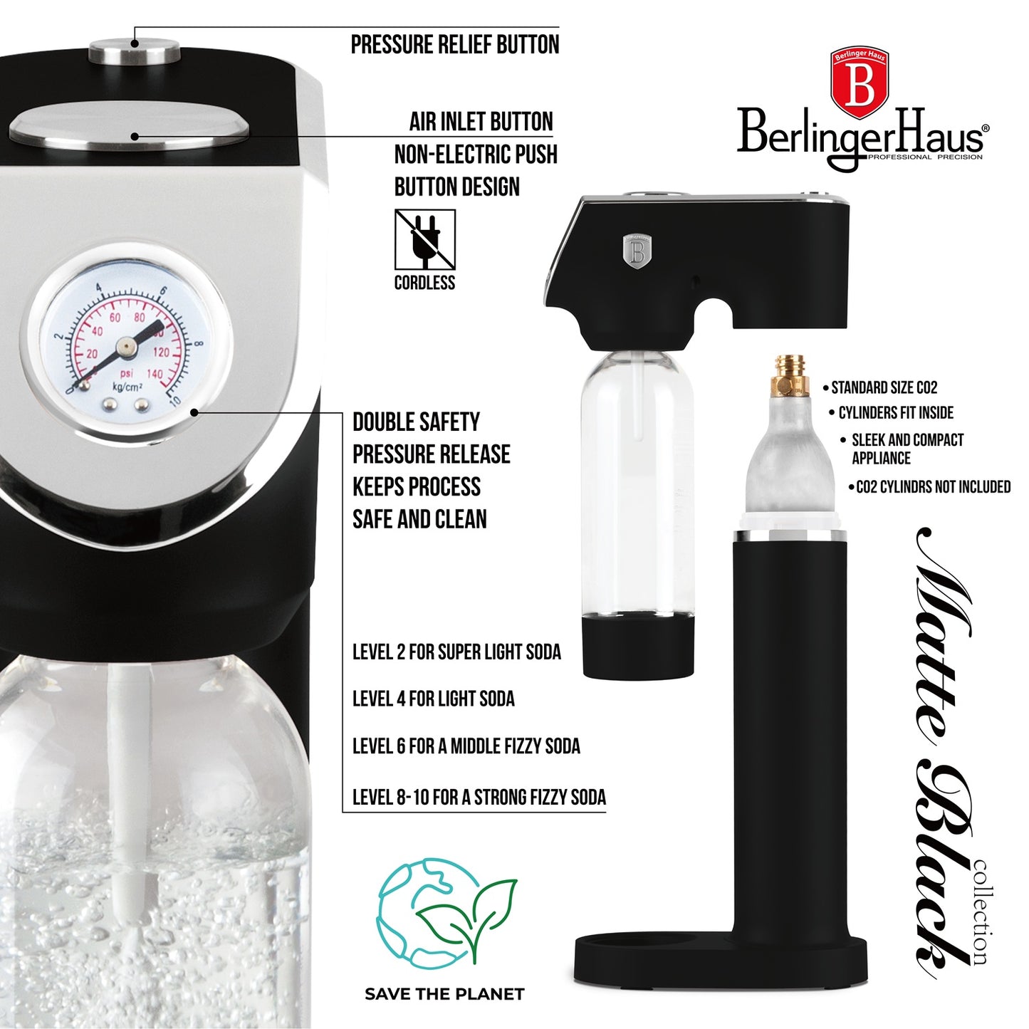 Berlinger Haus Soda Maker with 2 Bottles & Barometer - Matte Black