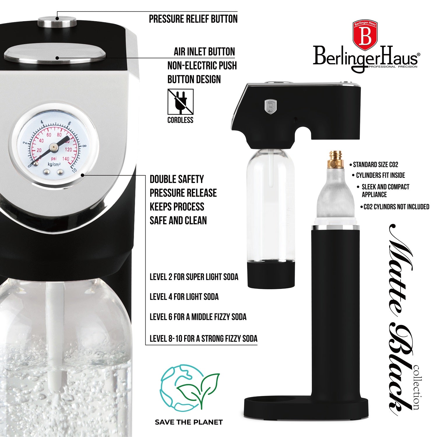 Berlinger Haus Soda Maker with 2 Bottles & Barometer - Matte Black