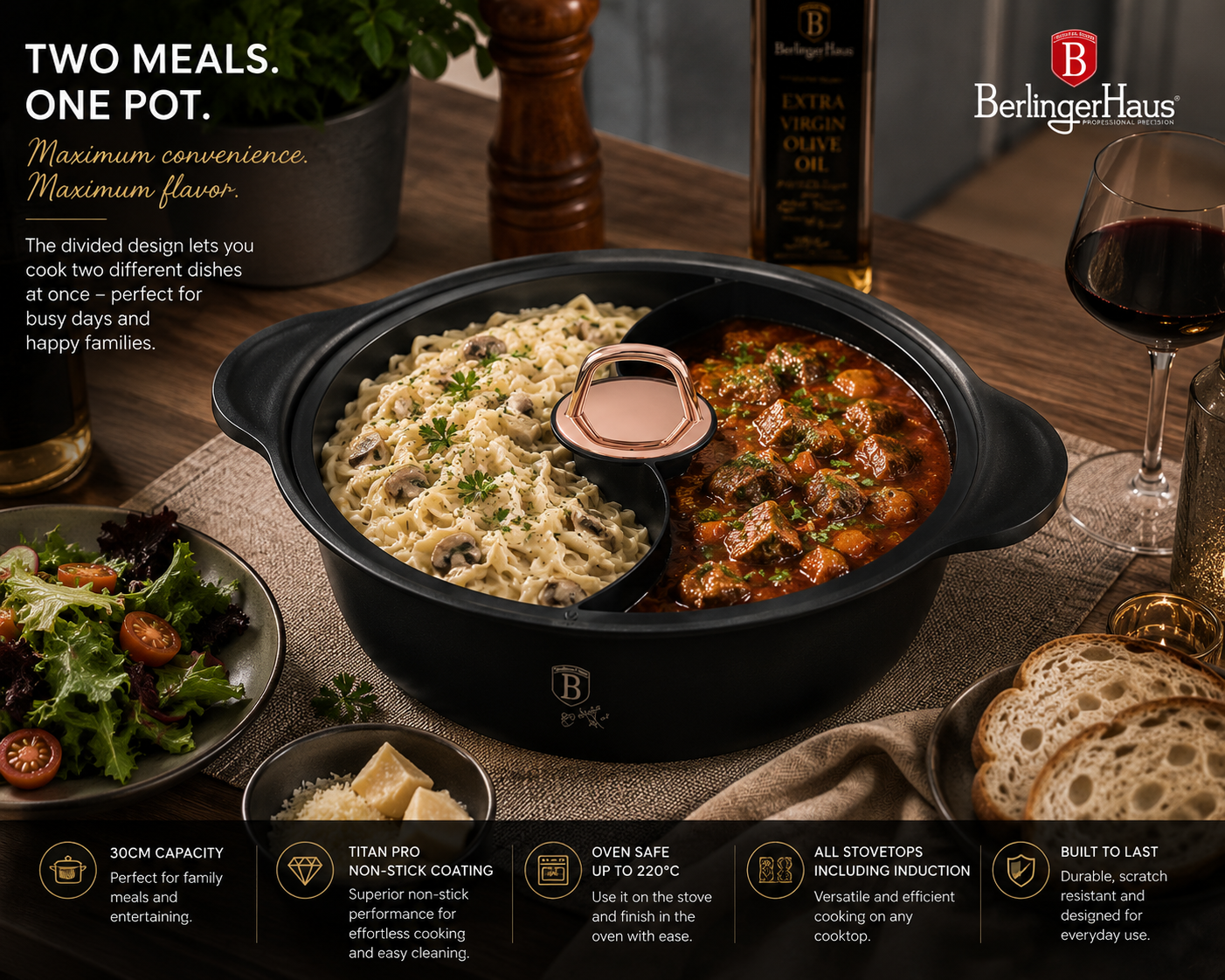 Berlinger Haus 30cm Titan Pro Non-Stick Multi Cooking Casserole – Black Rose