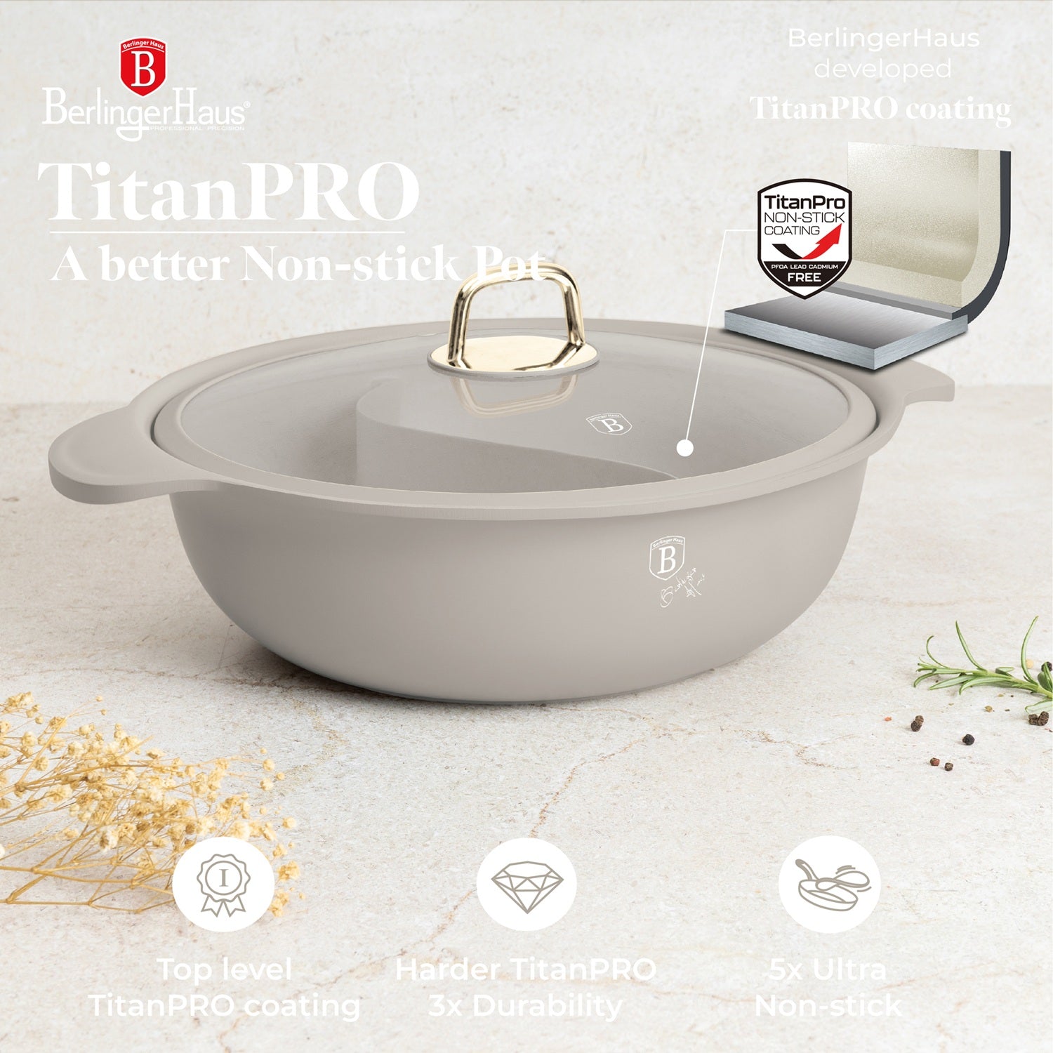 Berlinger Haus 30cm Titan Pro Non-Stick Coating Multi Cooking Casserole – Sahara