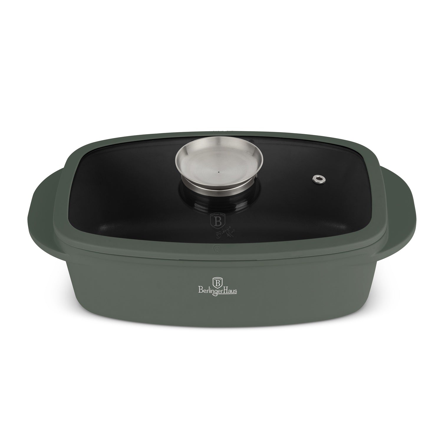 Berlinger Haus Roaster with Glass Lid & Aroma Knob – Ø32 cm – 6L – Matt Green