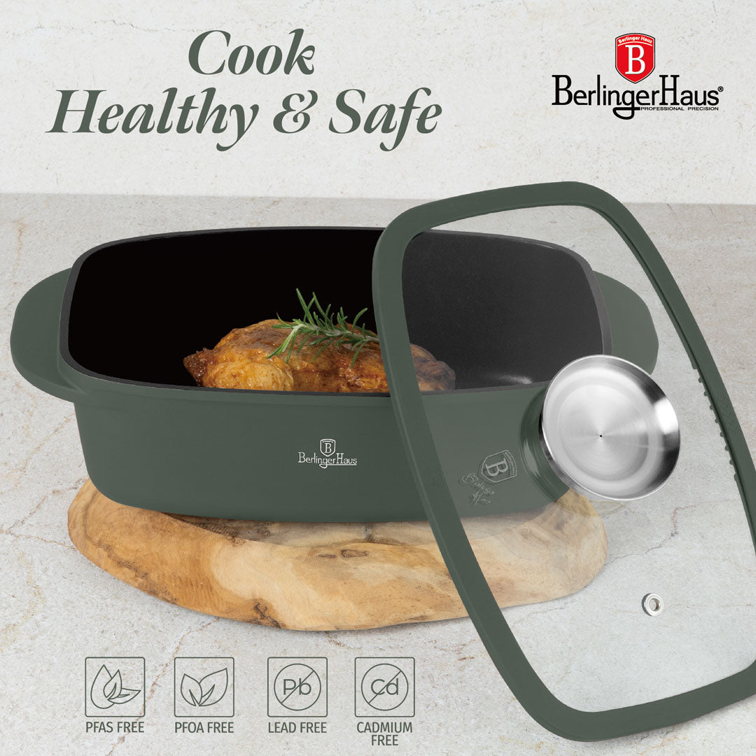 Berlinger Haus Roaster with Glass Lid & Aroma Knob – Ø32 cm – 6L – Matt Green