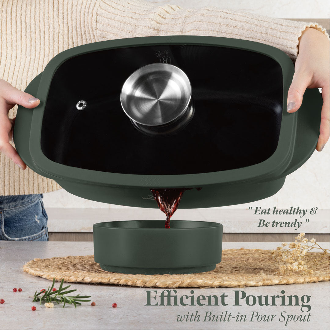 Berlinger Haus Roaster with Glass Lid & Aroma Knob – Ø32 cm – 6L – Matt Green