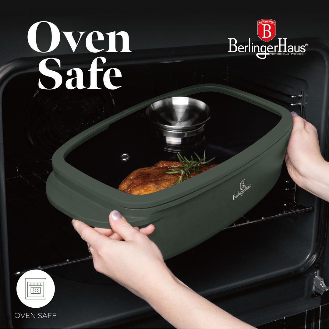 Berlinger Haus Roaster with Glass Lid & Aroma Knob – Ø32 cm – 6L – Matt Green