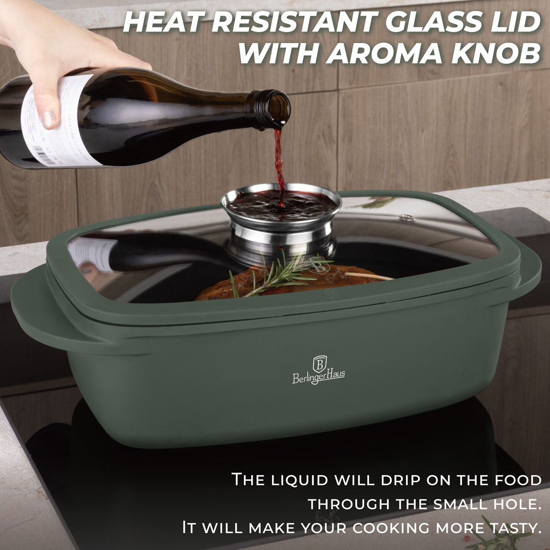 Berlinger Haus Roaster with Glass Lid & Aroma Knob – Ø32 cm – 6L – Matt Green