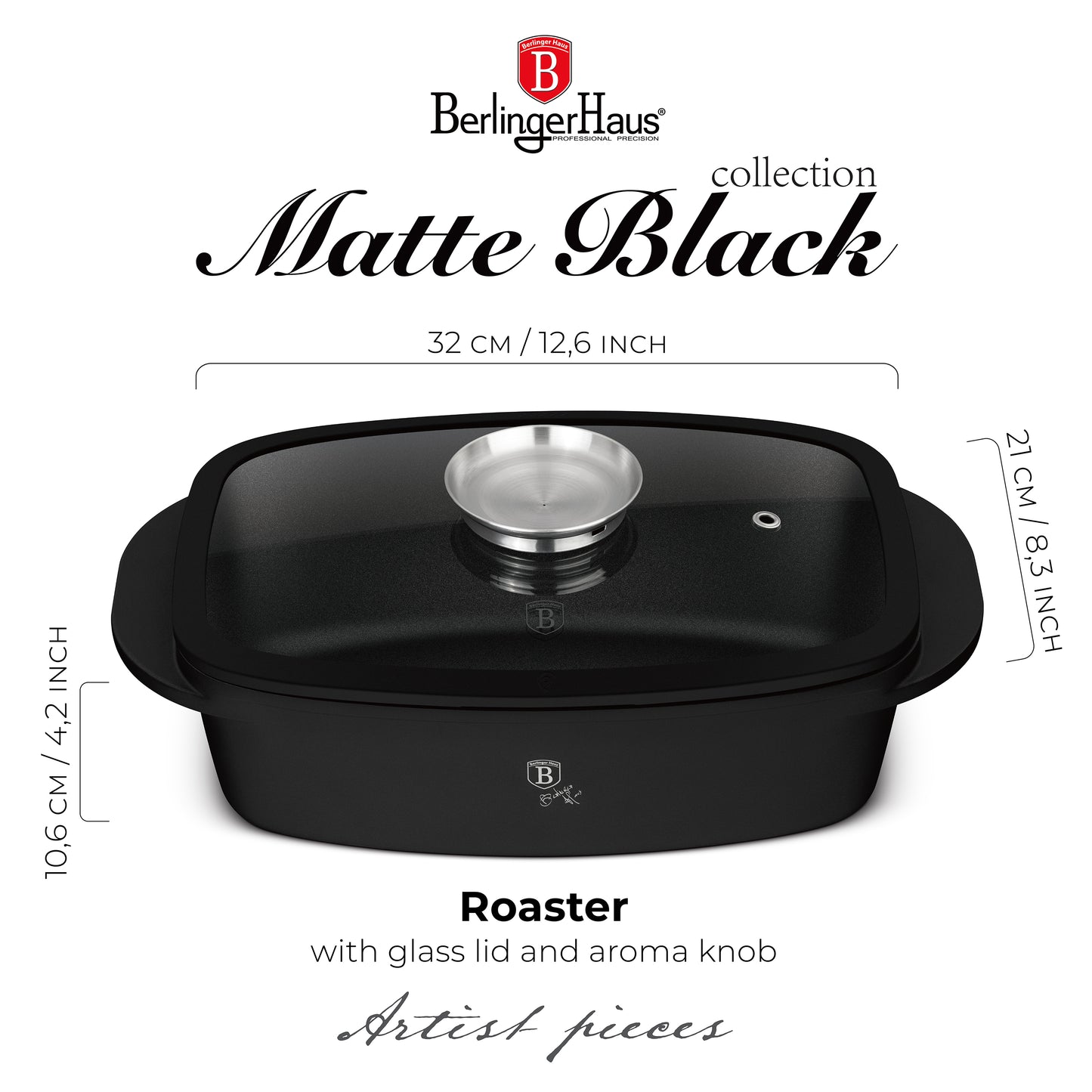 Berlinger Haus 32cm Oven Safe Roaster Pan with Aroma Glass Lid - Matte Black