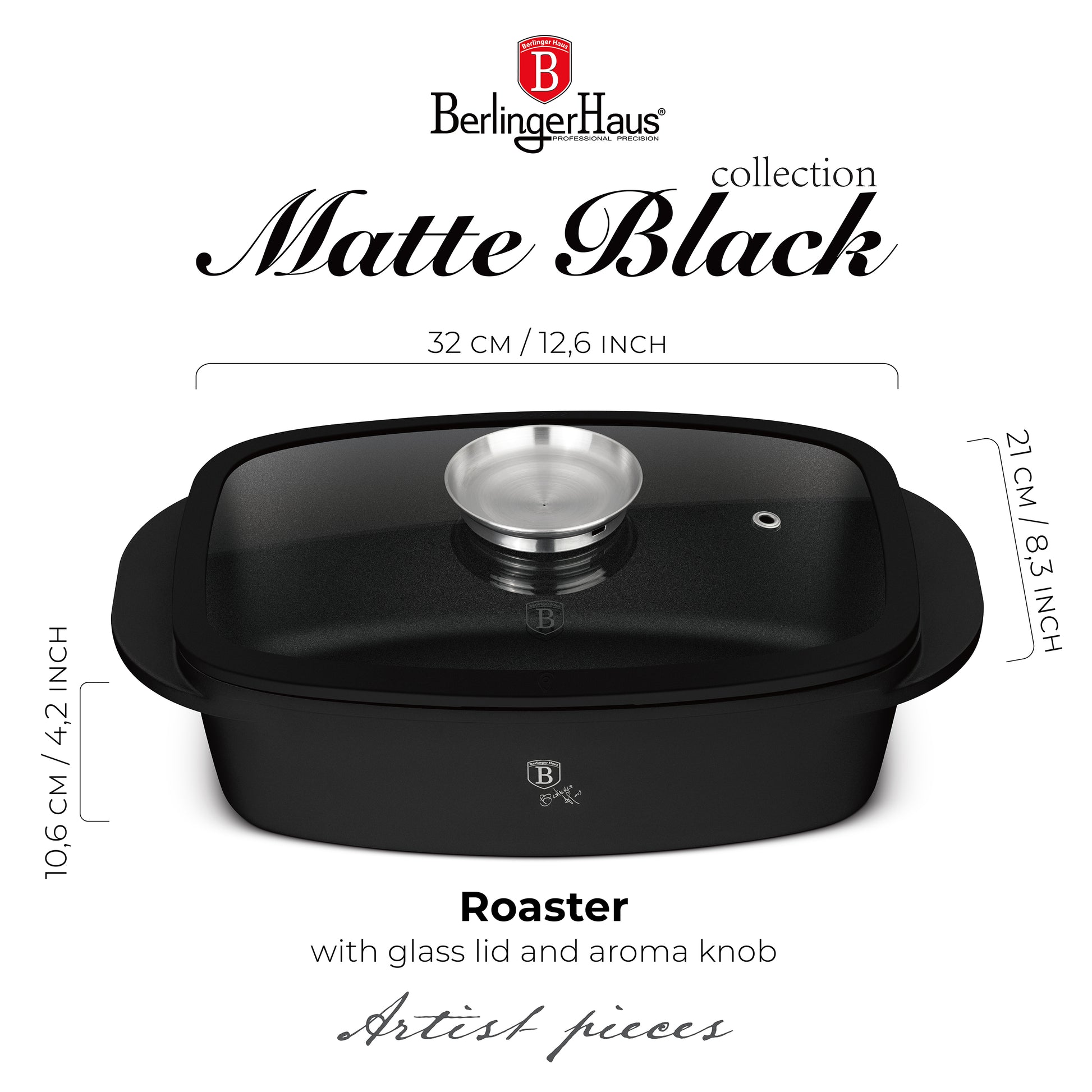 Berlinger Haus 32cm Oven Safe Roaster Pan with Aroma Glass Lid - Matte Black
