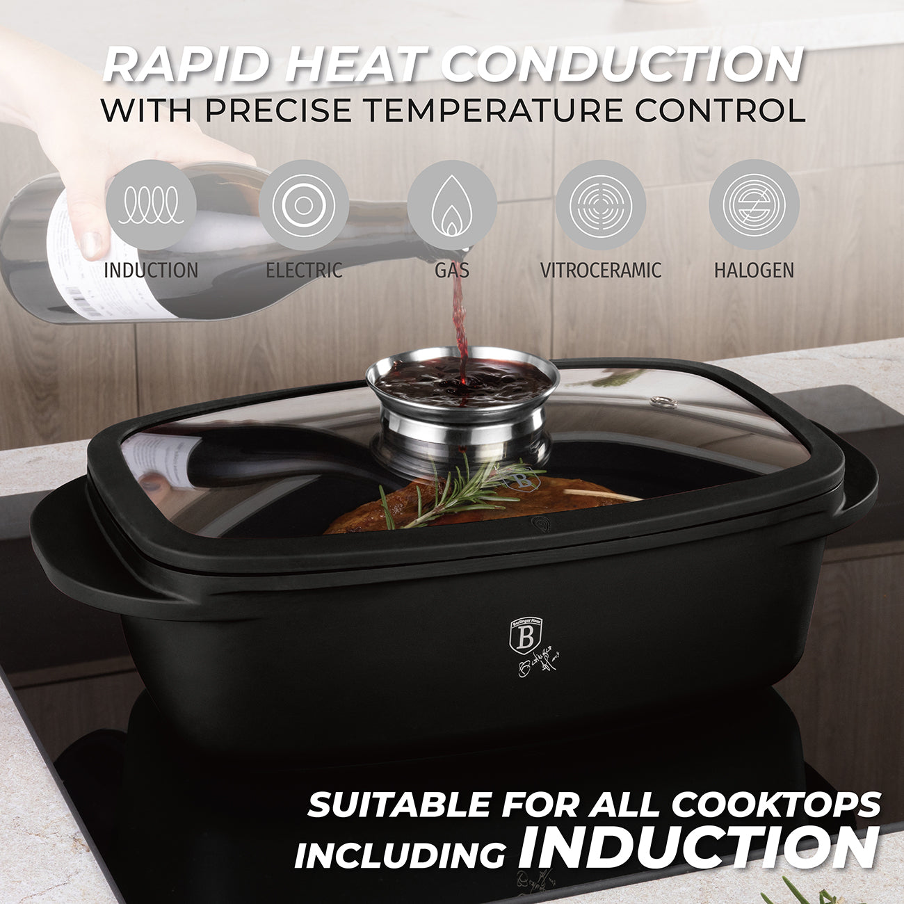 Berlinger Haus 32cm Oven Safe Roaster Pan with Aroma Glass Lid - Matte Black