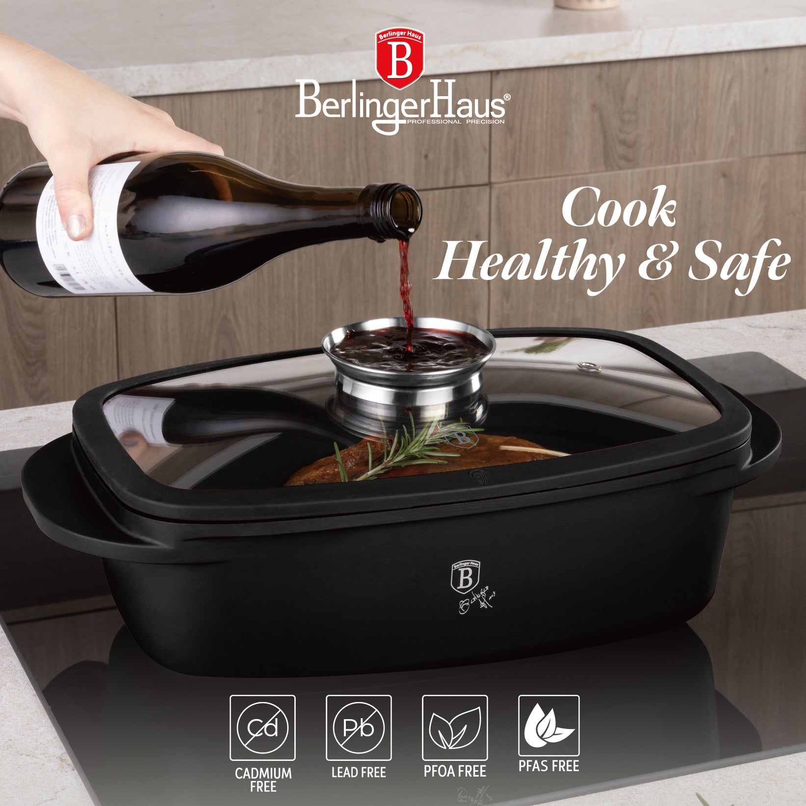 Berlinger Haus 32cm Oven Safe Roaster Pan with Aroma Glass Lid - Matte Black