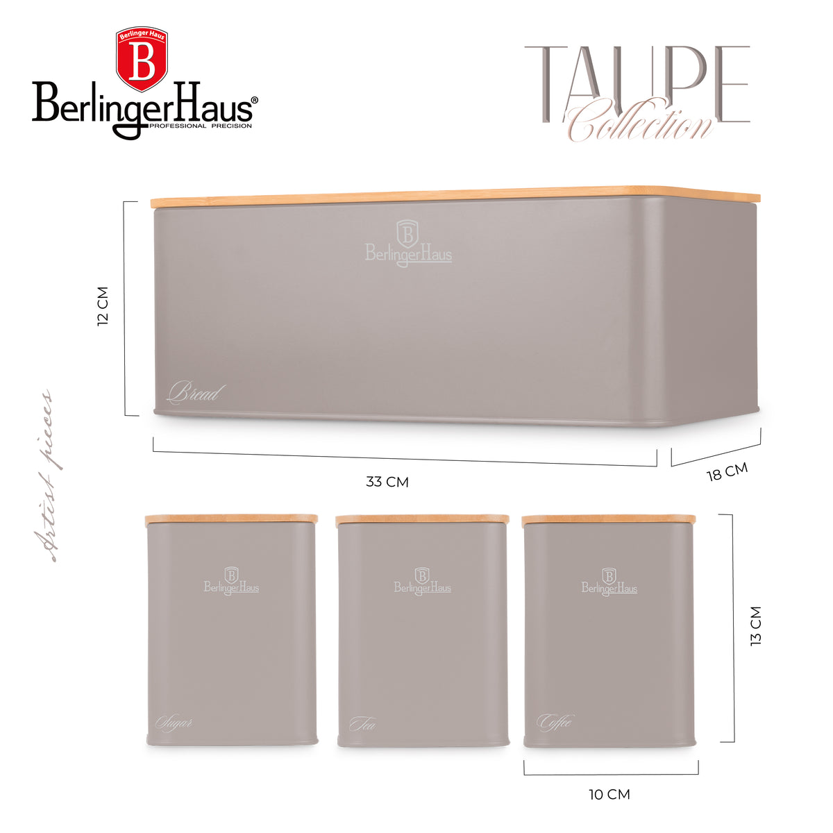 Berlinger Haus Bread Box with 3-Piece Canister Set - Taupe