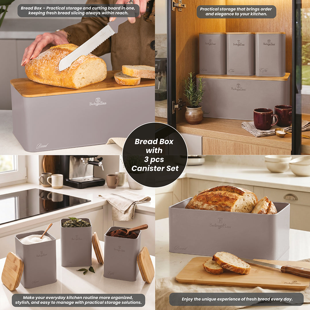 Berlinger Haus Bread Box with 3-Piece Canister Set - Taupe