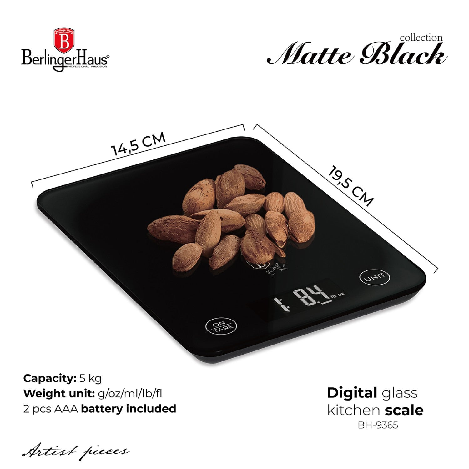 Berlinger Haus Digital Glass Kitchen Scale 5kg - Matte Black