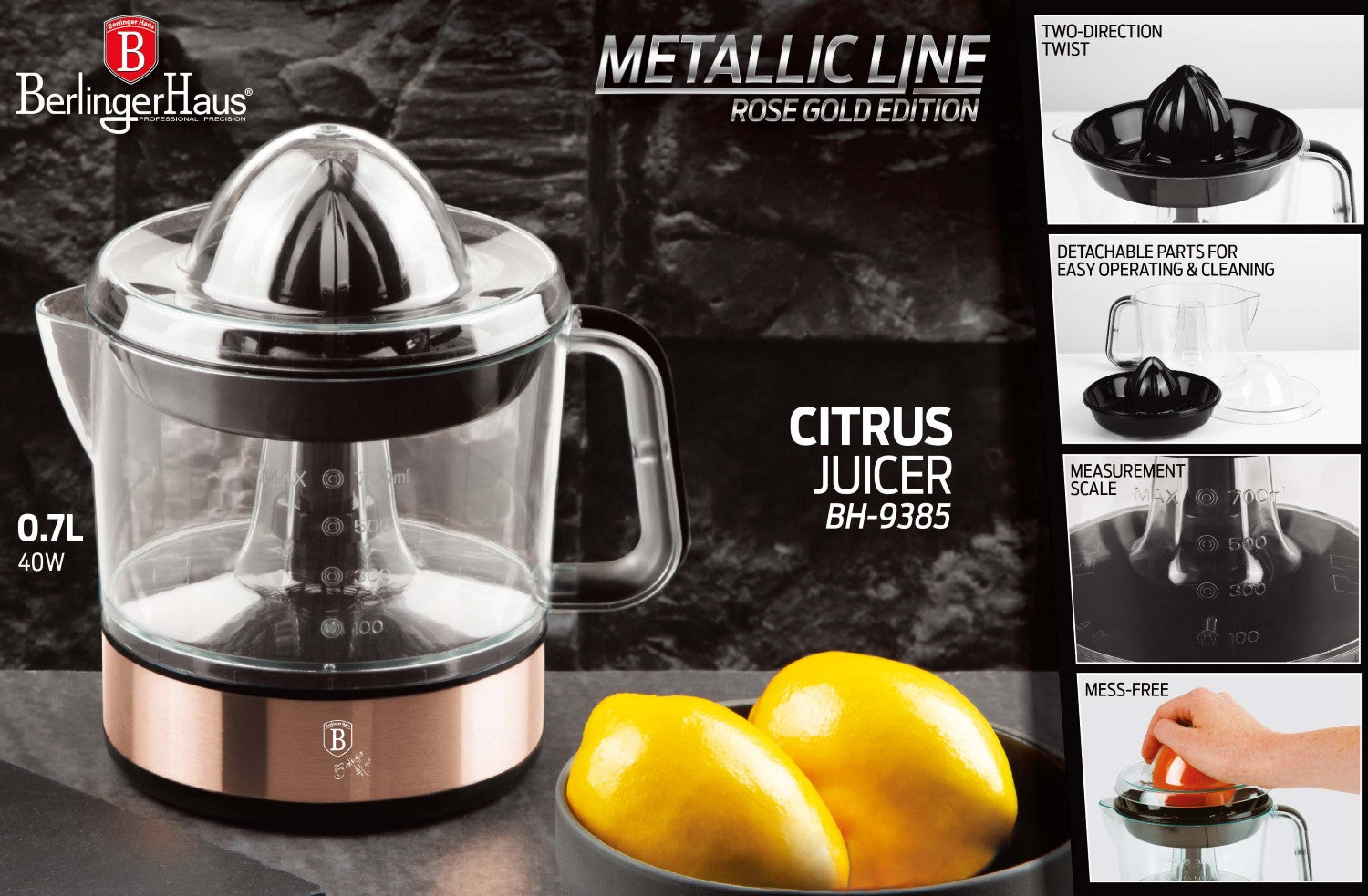 Berlinger Haus 700ml Electric Citrus Juicer - Rose Gold