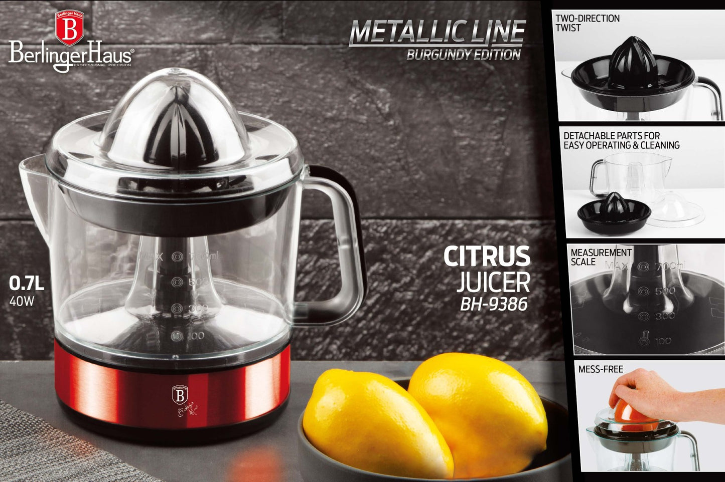 Berlinger Haus 700ml Electric Citrus Juicer - Burgundy