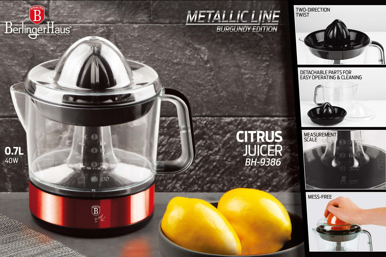 Berlinger Haus 700ml Electric Citrus Juicer - Burgundy