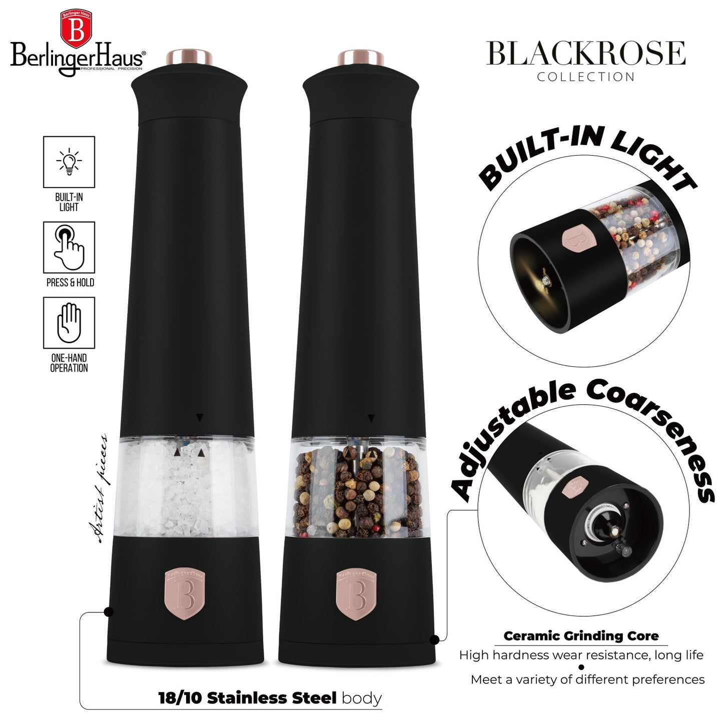 Berlinger Haus 2-Piece Electric Salt & Pepper Mill Set – Black Rose