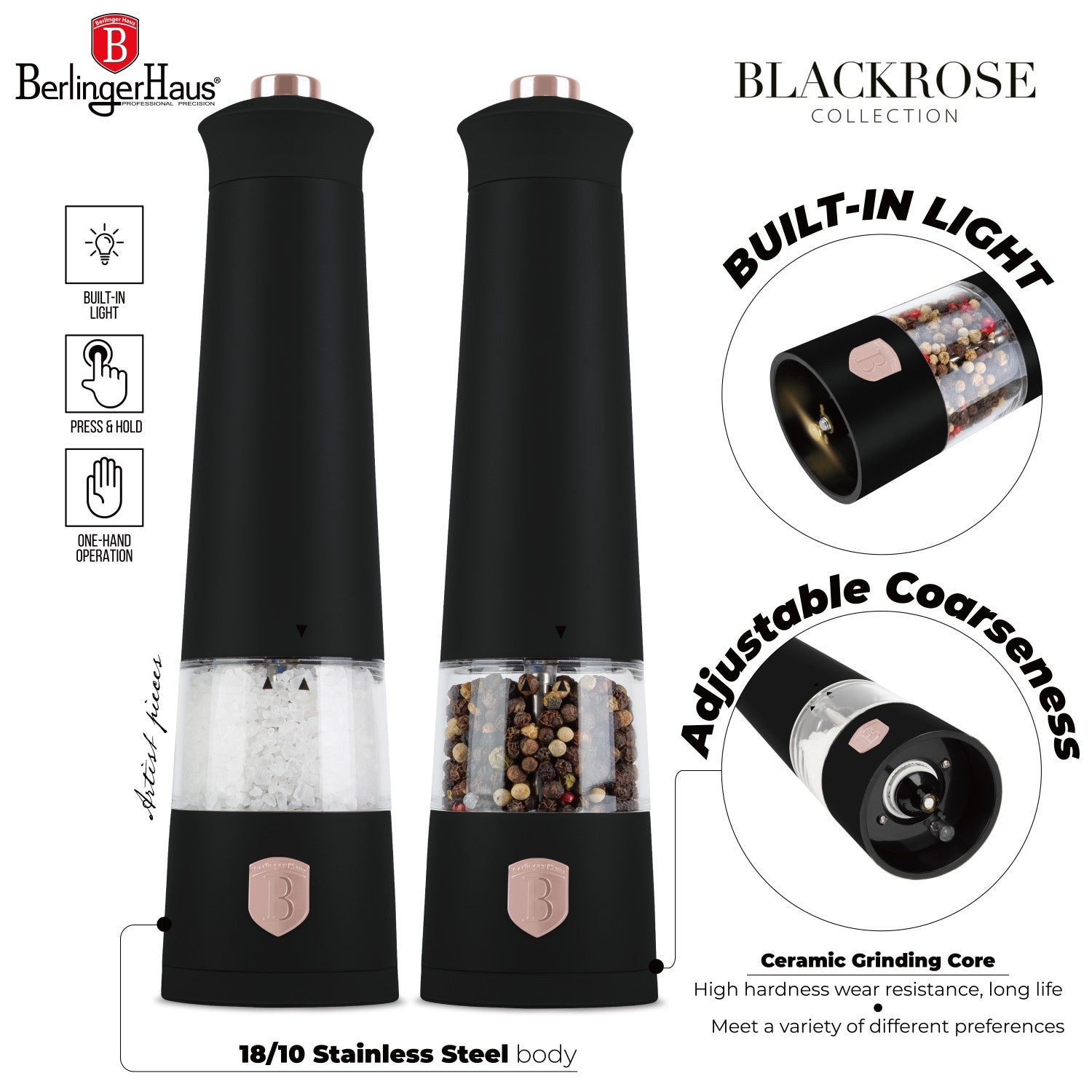 Berlinger Haus 2-Piece Electric Salt & Pepper Mill Set – Black Rose