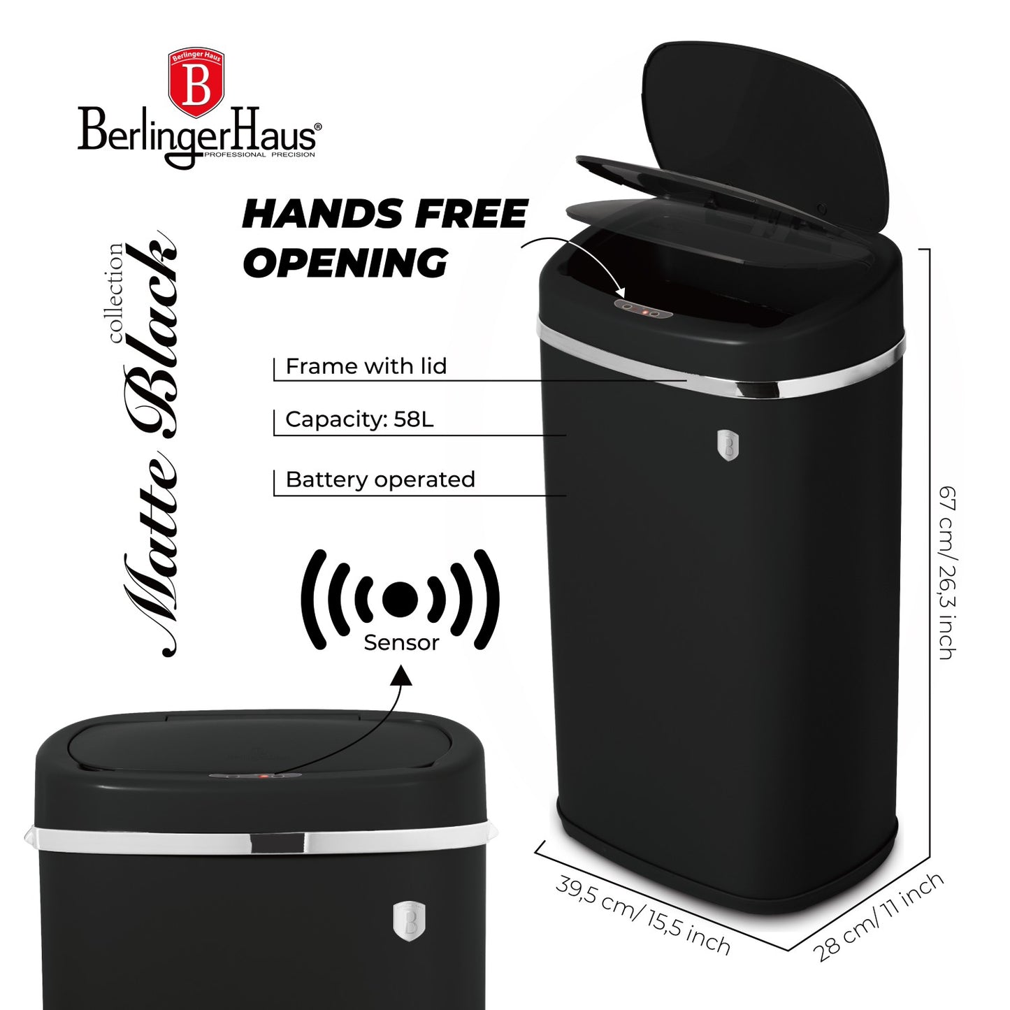 Berlinger Haus 58 L Sensor Bin - Matt Black