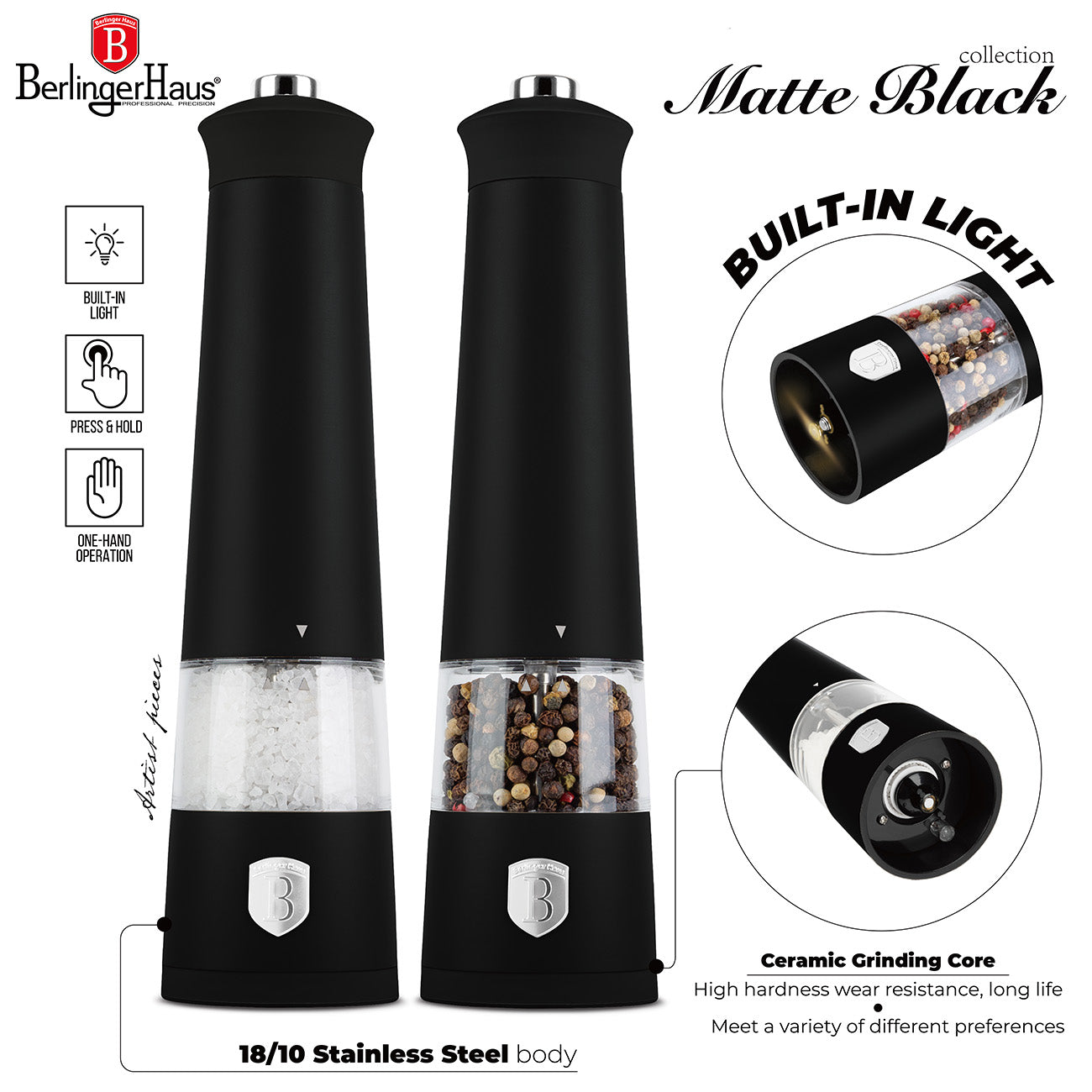 Berlinger Haus 2pcs Electric Pepper and Salt Mill Set - Matte Black
