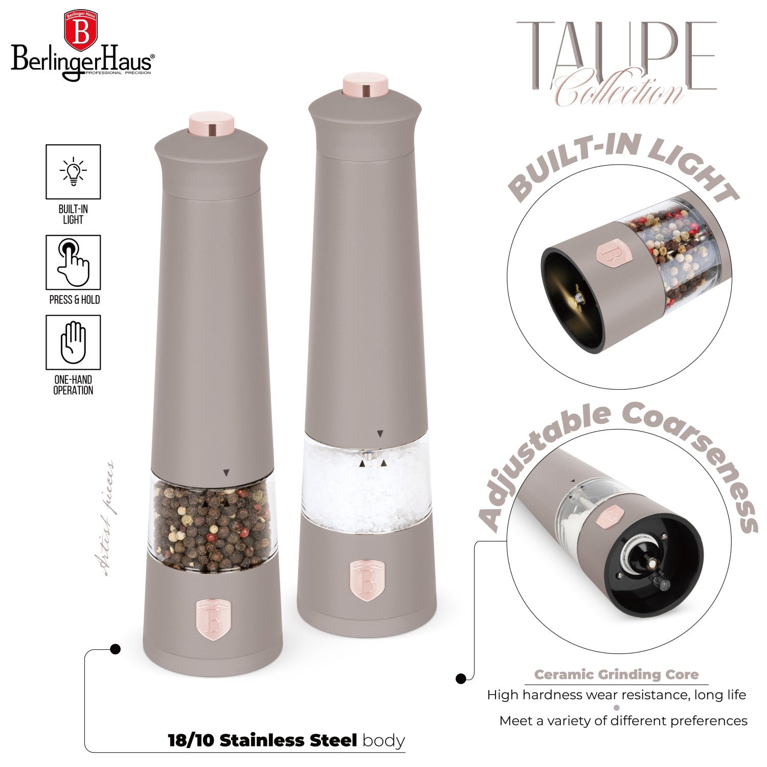 Berlinger Haus 2-Piece Electric Pepper and Salt Mill Set - Taupe