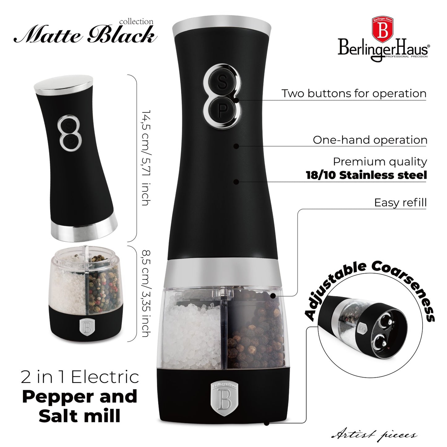 Berlinger Haus 2-in-1 Electric Pepper and Salt Mill - Matte Black