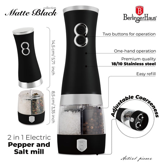 Berlinger Haus 2-in-1 Electric Pepper and Salt Mill - Matte Black