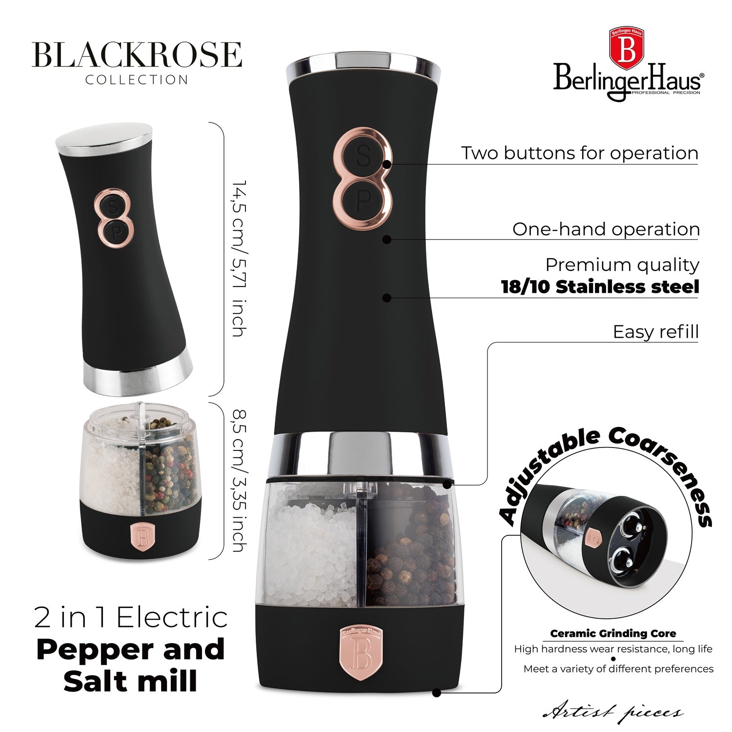 Berlinger Haus 2-in-1 Electric Pepper & Salt Mill – Black Rose