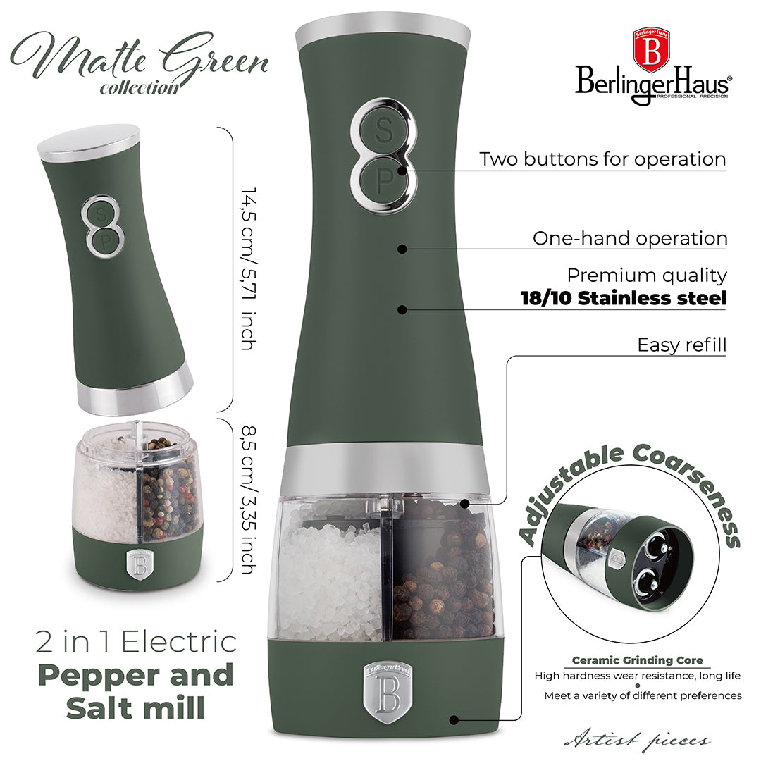Berlinger Haus 2-in-1 Electric Pepper & Salt Mill – Matte Green