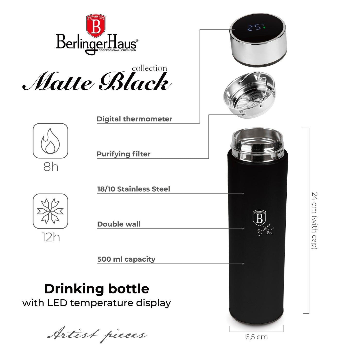 Berlinger Haus 500ml Vacuum Flask Drinking Bottle with LED Display - Matt Black