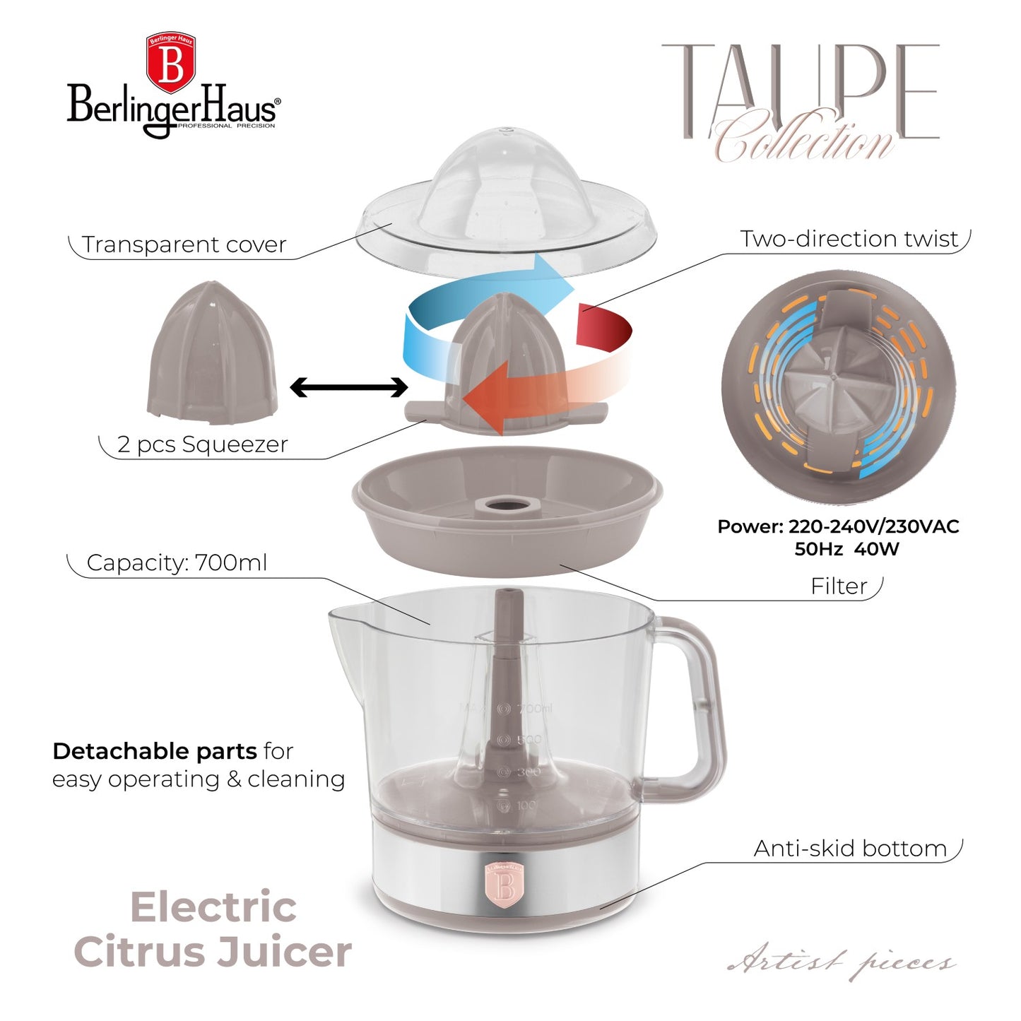 Berlinger Haus 700ml Electric Citrus Juicer - Taupe