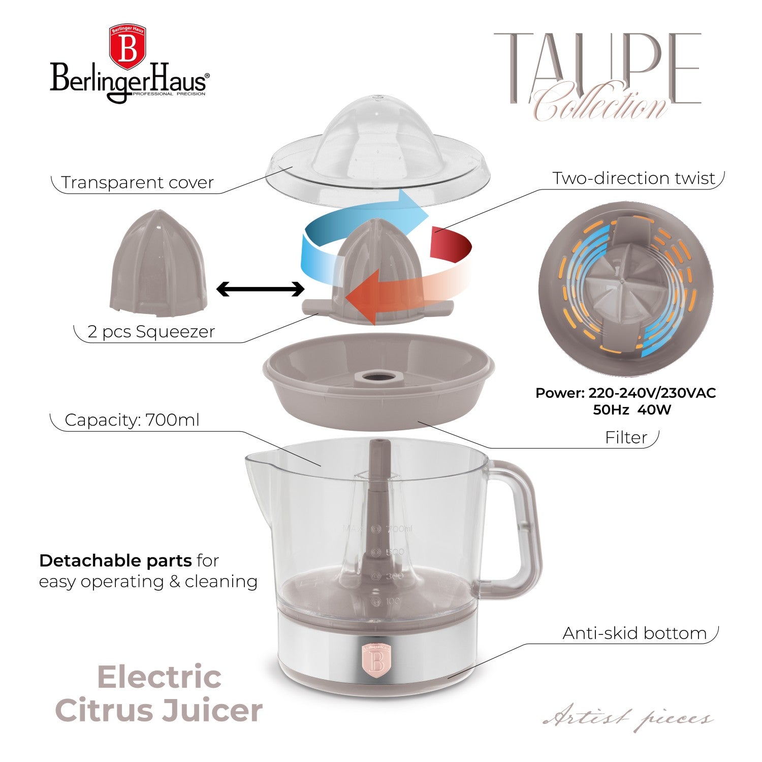 Berlinger Haus 700ml Electric Citrus Juicer - Taupe