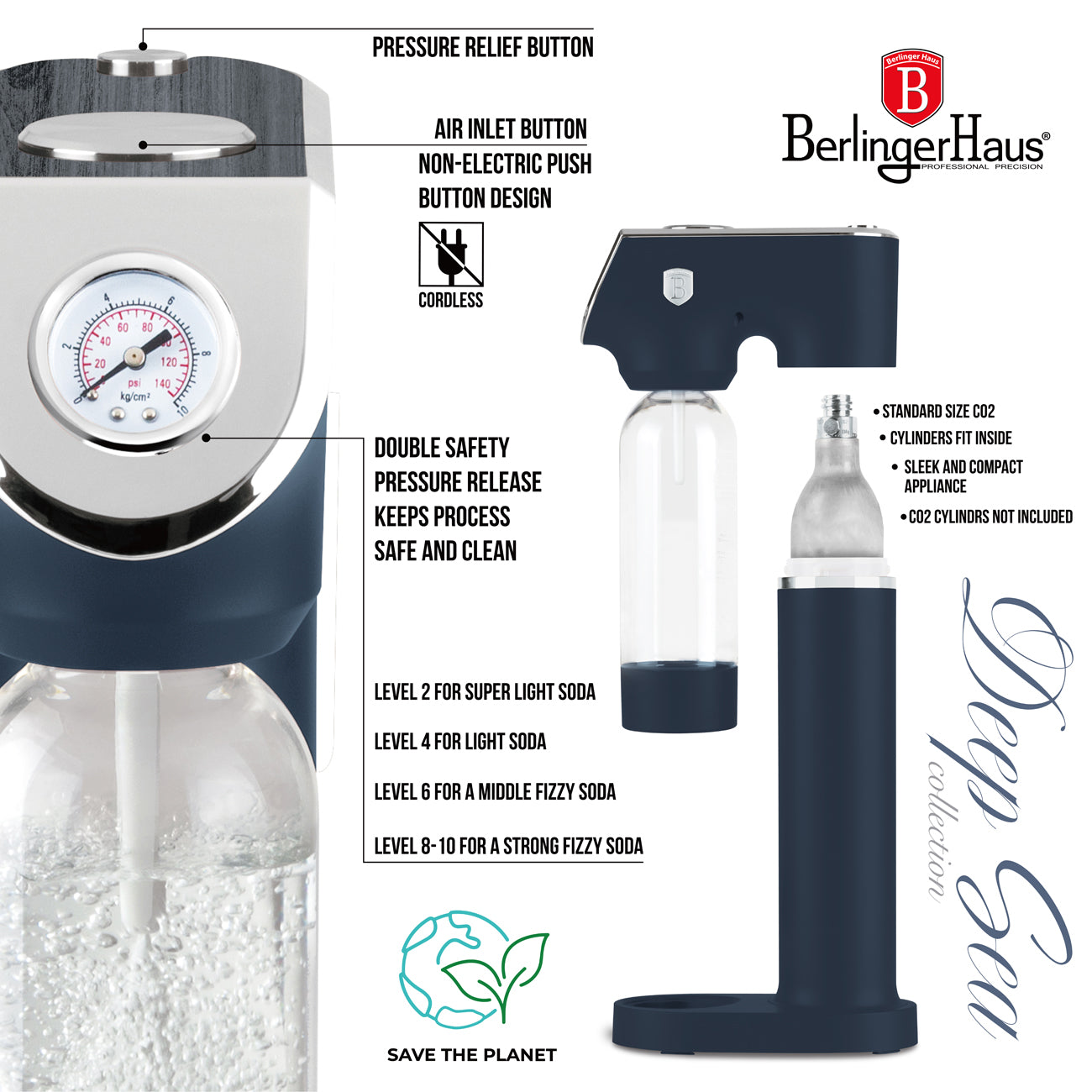 Berlinger Haus Soda Maker with 2 Bottles & Barometer - Deep Sea