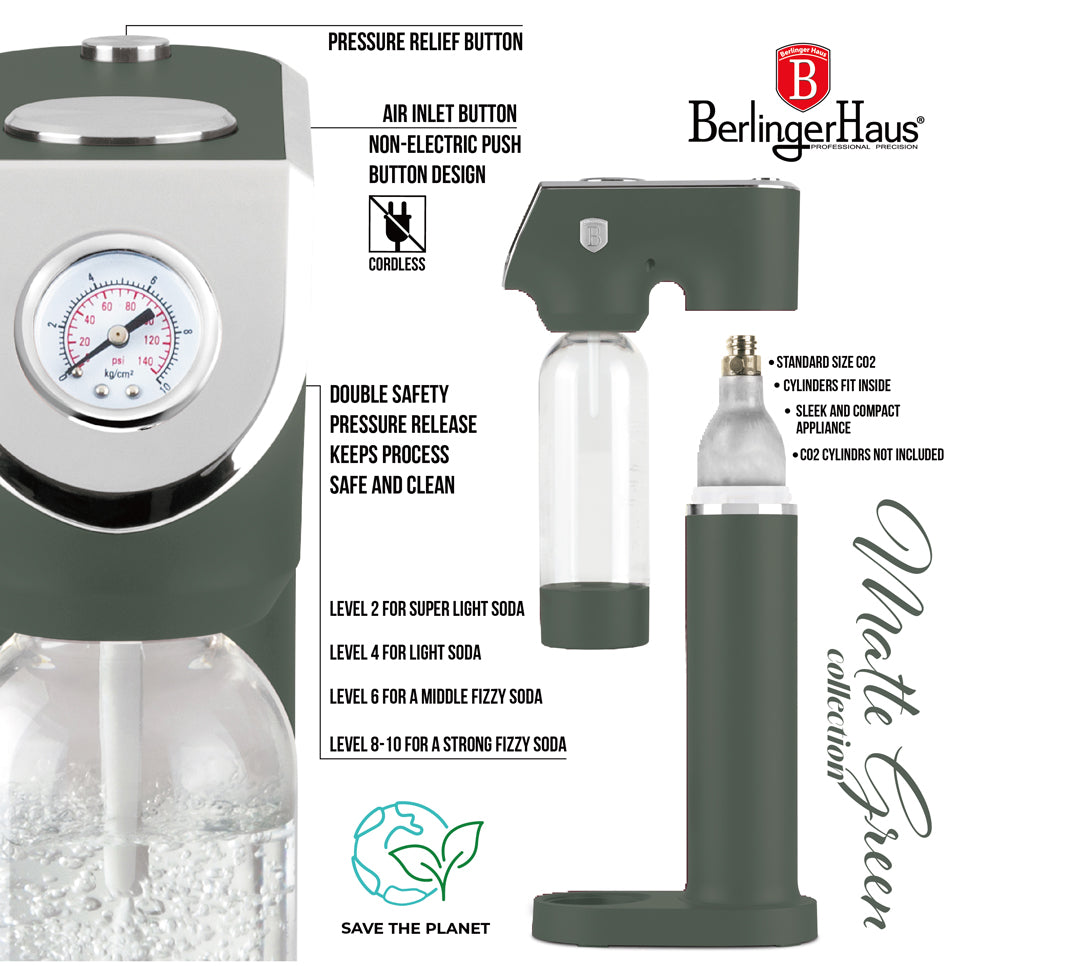 Berlinger Haus Soda Maker with 2 Bottles & Barometer - Matt Green