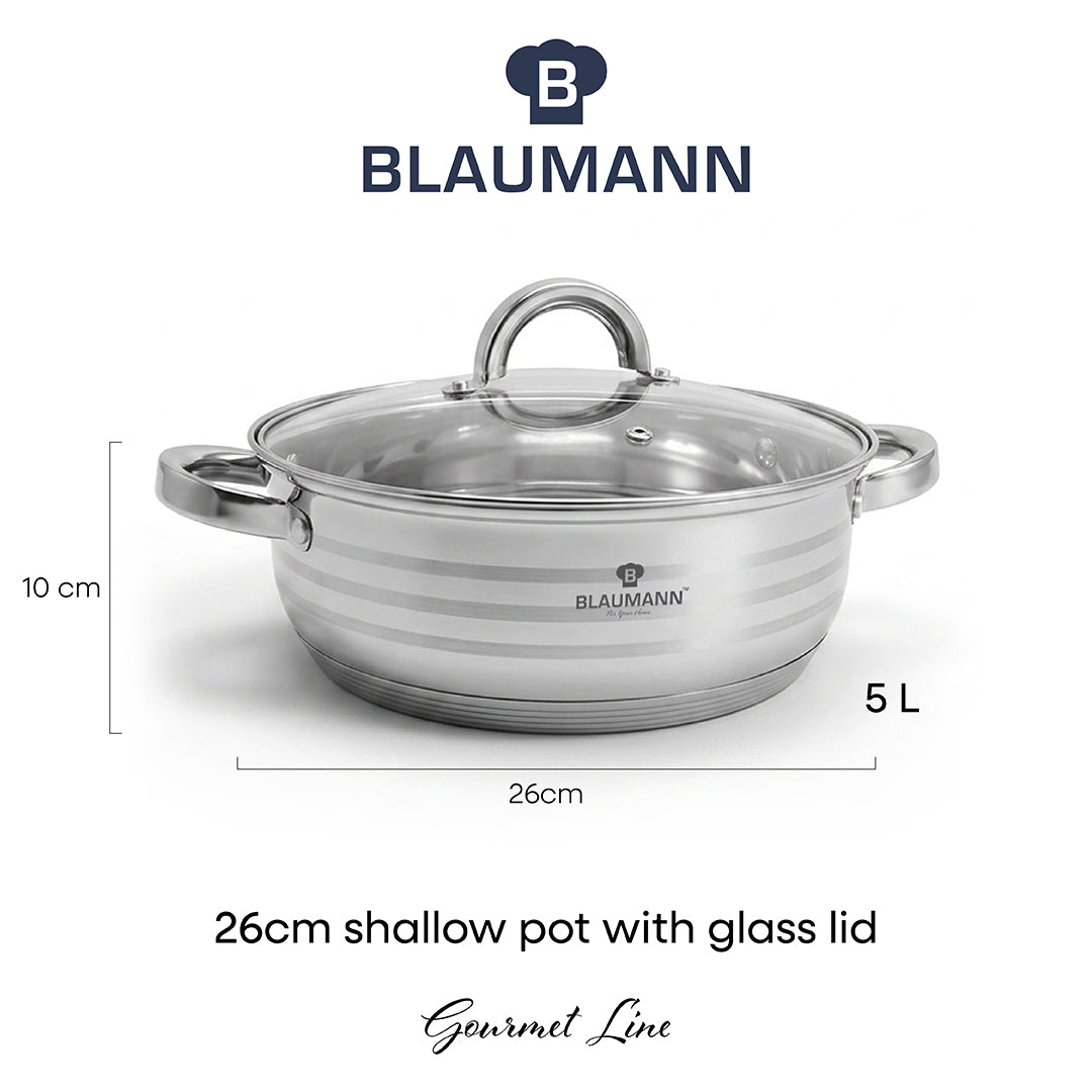 Blaumann 26cm Stainless Steel Shallow Pot with Lid - Gourmet Line