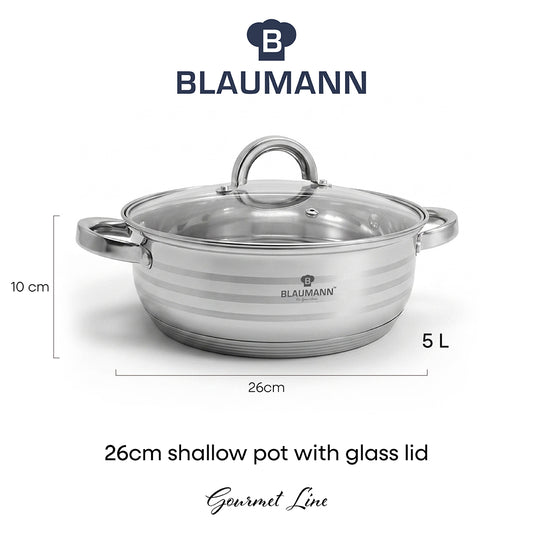 Blaumann 26cm Stainless Steel Shallow Pot with Lid - Gourmet Line