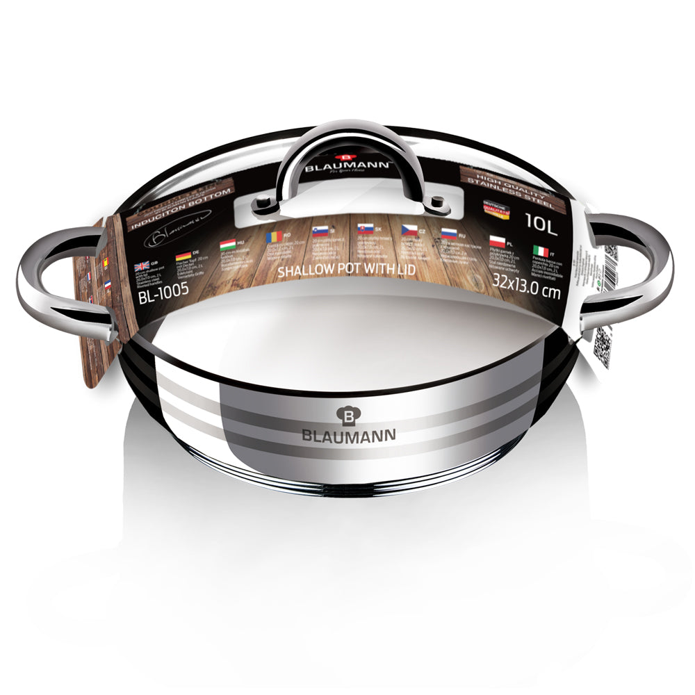 Blaumann 32cm Stainless Steel Shallow Pot with Lid - Gourmet Line